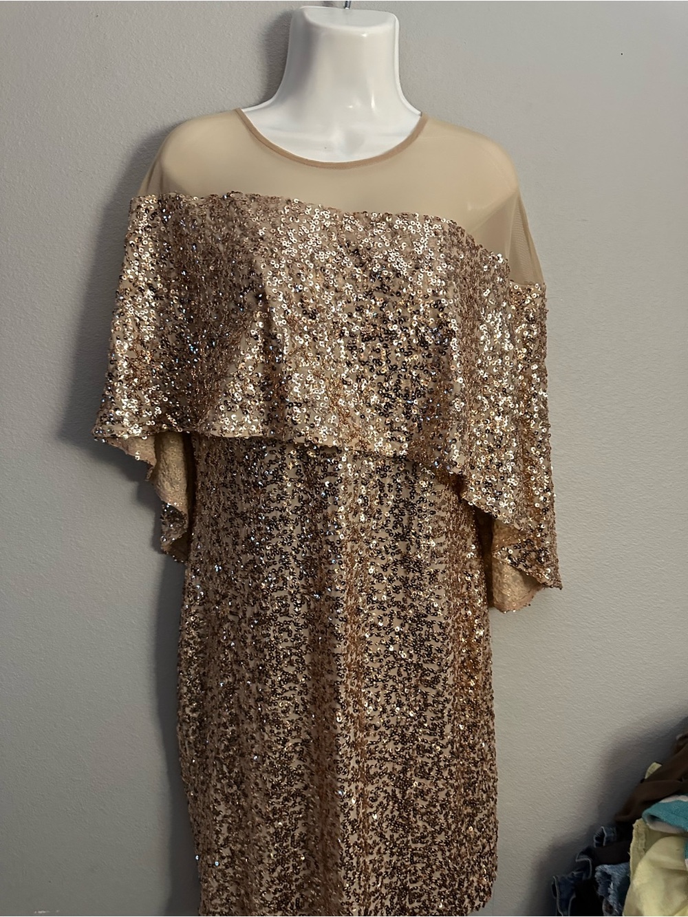 Betsy & Adam Gold Sequin Overlay Dress with Sheer Yoke